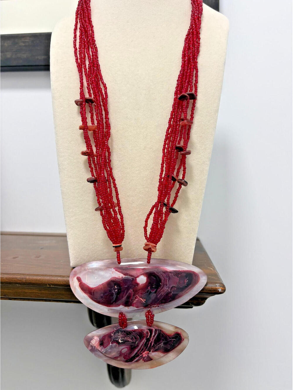 Red Shell & Seed Bead Unique Artisan Statement Statement Necklace Boho Beach